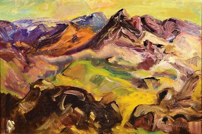 Valur Norddahl, 1911-1967, isländischer Landschaftsmaler, expressionistische Gebirgslandschaft, wohl Studie, Öl/Lwd, signiert und dat. 62, ca. 30 x ...