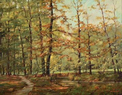 Hermann Correll, 1905-1976 Neustadt an der Weinstraße, Herbstlicher Wald mit Weg und Bach, Öl/Lwd, rechts unten signiert, ca. 55x72cm, R. ca. ...