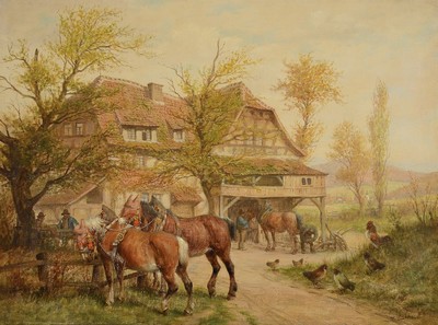 Karl Luckhardt, 1886-1970 Frankfurt am Main,Rastende Menschen und Arbeitspferde vor dem Bauernhaus, Öl/Lwd, rechts unten signiert, ca. 58x78cm, R. ...