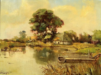 A. van Tilburg, niederländischer Maler, frühes 20. Jh., Flussauenlandschaft mit Bauernhaus und Boot, Öl/Lwd, links unten signiert, ca. 35x45cm, R. ...