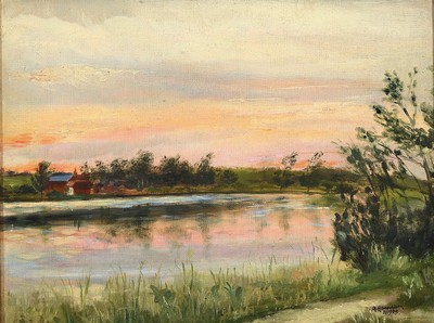 G. Albrechtsen, Maler der 1. Hälfte des 20. Jh., Flusslandschaft mit Bauernhaus am Ufer, Abendstimmung, Öl/Lwd, rechts unten signiert und dat. ...