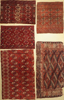 Konvolut aus 5 Fragmenten, Turkmenistan, 19.Jhd, Wolle auf Wolle, ca. 200 x 110 cm(Grösster).
