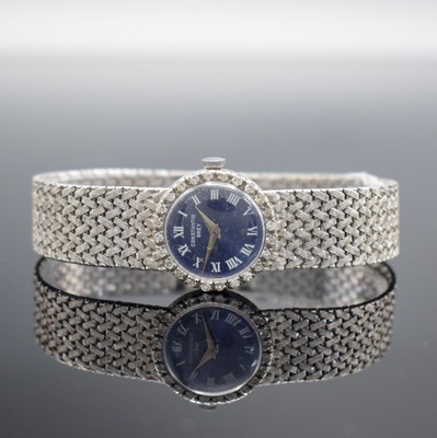 CONSTANTIN GREY Damenarmbanduhr mit Diamantbesatz in WG 750/000, Schweiz um 1965, Handaufzug, Geh. an Weißgoldband 750/000, Boden aufgedr., blaues ...