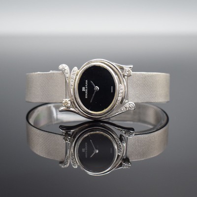 SCHLEGEL & PLANA Damenarmbanduhr mit Diamanten in WG 750/000, Schweiz um 1970, Handaufzug, Boden aufgedr., Goldband in WG 750/000, schwarzes ...