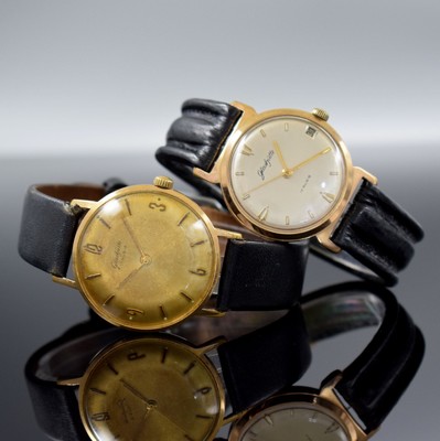 GLASHÜTTE 2 vergoldete Armbanduhren, Deutschland um 1960-1970, Handaufzug, Böden gedr., 1.) silb. Zifferbl. m. gold. Ind. & Zeigern rest., Datum b. ...