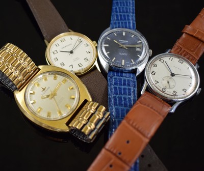 4 Armbanduhren, Schweiz/Deutschland 1960/70er Jahre, 2x Handaufzug, 2x Automatik, 3x Boden verschr., 1x gedr., 2x verg. Geh., 2x verchr., 1.) DUGENA ...