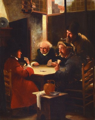 Josef Adam, 1883 Glogischdorf - 1953, Interieur mit Kartenspielern, rechts unten signiert, Öl/Lwd, R. ca. 51x41 / 69x58 cm
