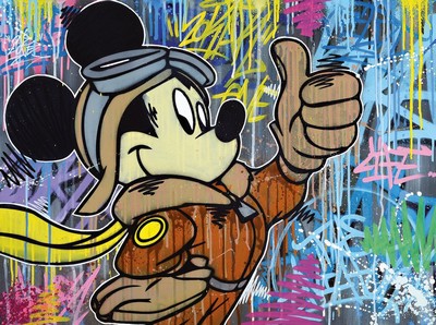 Zokar, französischer Street Art-Künstler, "Aviator" (2017), ikonische Darst. Mickey Mouse als Pilot, links oben signiert, verso bez., ...
