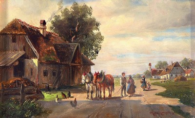 Ludwig Müller-Cornelius, 1864-1943 München, Bauer mit zwei Ackerpferden vor dem Stall, im Gespräch mit einer Frau, Öl/Holz, rechts unten ...