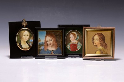 4 Miniaturmalereien der zeitgen. Künstlerin Skandi Becker, Aquarell und Gouache auf Papier, versch. Motive aus der Renaissance, alle monogrammiert, ...