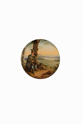 Miniaturmalerei, deutsch, um 1900, Jäger mit Hund und Gewehr schaut von einer Anhöhe in die weite Landschaft, Öl/Malkarton, rund, D. ca. 8cm, R. ...