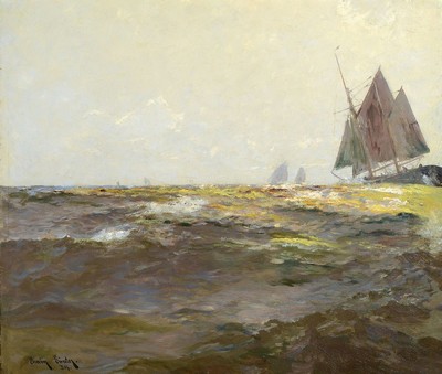 Erwin Carl Wilhelm Günter, 1864 Hamburg-1927 Düsseldorf, Segelschiff auf ruhiger See, Öl/Lwd, rest., teildoubl., links unten signiert und bez. ...