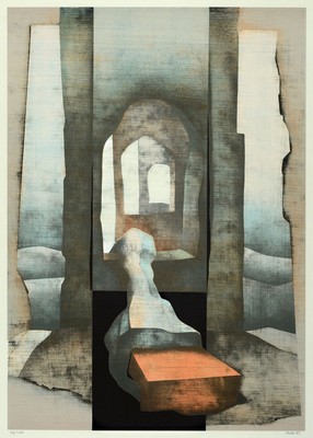 Hans Otto Müller-Erbach, 1921 Bremen-1984 Erbach/Odenwald, 2 Farblithographien, surrealistische Landschaft, mit Widmung, sign. und dat. 81, ca. ...