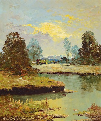 Arnold Graboné, 1896 München-1982 Starnberg, Föhnabend im Moos bei Murnau, so rückseitig betitelt, Öl/Lwd, links unten signiert, ca. 60x50cm, ...