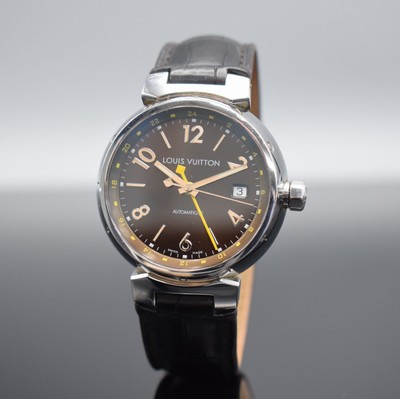 LOUIS VUITTON Tambour GMT Herrenarmbanduhr mit 2.-Zeitzone & Datum Referenz Q1131, Schweizum 2005, Automatik, Edelstahlgeh., Boden 6- fach verschr., ...