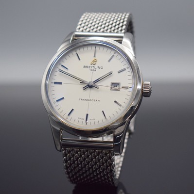 BREITLING Transocean Herrenarmbanduhr in Edelstahl Referenz A10360, Schweiz um 2012, Automatik, großes Gehäuse, Boden geschr., orig. Milanaiseband ...