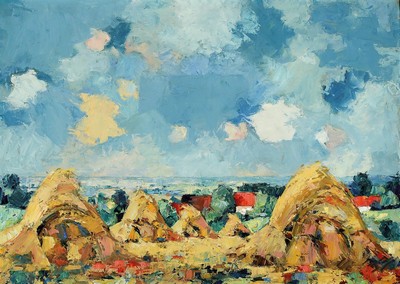 Eberhard Viegener, 1890 Soest-1967 Bilme, deutscher Expressionist, Sommerliches Land, weite Landschaft mit Getreidegarben und vereinzelten Wolken, ...