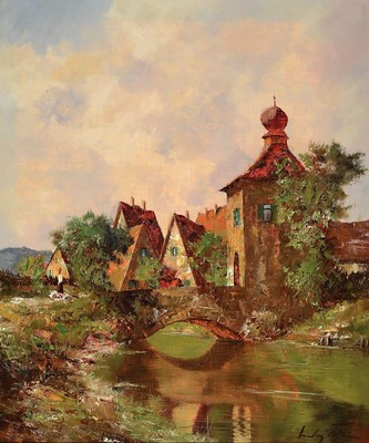 Ludwig Klein, geb. 1915, Münchener Maler, Ansicht aus Dinkelsbühl, Öl/Lwd, rechts unten signiert, ca. 60x50cm, Barockstilrahmen ca. 76x66cm