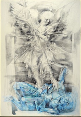 Hermann Hoormann, geb. 1933 Meppen, ErzengelMichael (1982), surrealistische Darstellungsweise in lineaerer Auffassung, rechts unten signiert u. ...