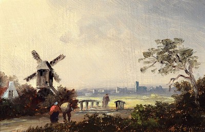 Erich Demmin, 1911 Ivenack-1997 Berlin, Landschaft mit Windmühle, Öl/Holz, rechts unten signiert, ca. 8x13cm, R. ca. 22x26cm