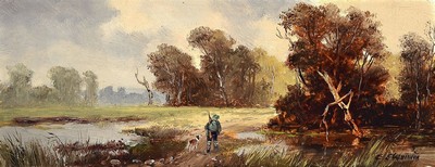 Erich Demmin, 1911 Ivenack-1997 Berlin, Moorlandschaft mit Jäger und Hund, Öl/Holz, rechts unten signiert, ca. 8.5x21.5cm, R. ca. 23x36cm