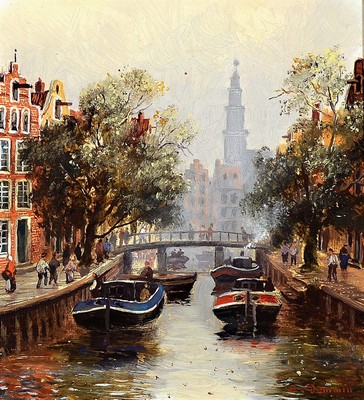 Erich Demmin, 1911 Ivenack-1997 Berlin, Ansicht aus Amsterdam mit Booten auf der Gracht, Öl/Holz, rechts unten signiert, ca. 13x12cm, R. ca. 28x27cm