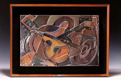 Giordano Tronconi, Bildhauer und Keramiker, Faenza, Keramik-Relief, abstr. geom. Darstellung von Musikinstrumenten, Allegorie auf die Musik, bunt ...