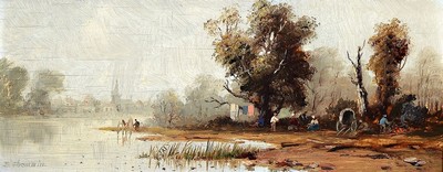 Erich Demmin, 1911 Ivenack-1997 Berlin, Lagernde Menschen am Flußufer, Öl/Holz, links unten signiert, ca. 9x22cm, R. ca. 24x36cm