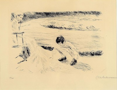 Max Liebermann, 1847-1935, 2 Radierungen, 1x spielendes Kind und Wärterin, von 1920, handsigniert, num. 91/100, ca. 20x28cm, PP, u.Gl., R. ca. ...