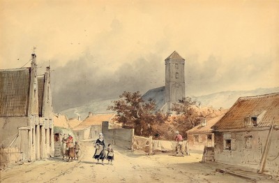 Jan Gerard Smits, 1923-1910, Blick auf eine Dorfstraße, Aquarell auf Papier, rechts unten signiert und dat. 1864, ca. 35x54cm, u.Gl., R. ca. 54x73cm
