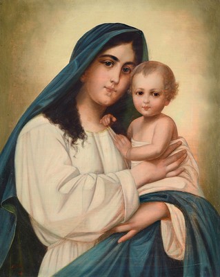 Schütz, Künstler 2. Hälfte 19. Jh., Maria mit Kind nach dem Vorbild von Franz von Defregger, Öl/Lwd, signiert Schütz, ca. 68 x 54 cm, ...