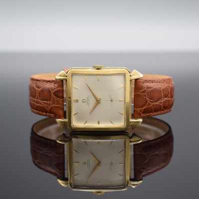 OMEGA Referenz 3903 quadratische Armbanduhr mit Hammerautomatik in GG 585/000, Schweiz um 1950, gedr. Geh., silb. Zifferbl. fl., aufges. gold. ...