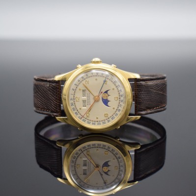 PRAESENT Automatik seltene hochwertige Armbanduhr mit Vollkalender/Mondphase in GG 750/000, Schweiz um 1945, Hammerautomatik, verschr. Geh., silb. ...