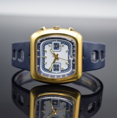 VALJOUX 7734 Herrenchronograph, Schweiz um 1975, Handaufzug, verg. Geh. m. verschr. Stahlboden, orig. Gummiband, blau/weißes Zifferbl., äußere ...