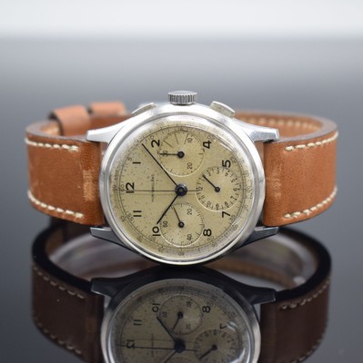MONTBRILLANT / BREITLING Schaltradchronograph mit seltener Signatur in Stahl, Schweiz um 1945, Handaufzug, 3-tlg. Geh. Ref. 734, Boden & Glasrand ...