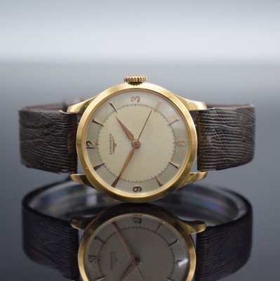 LONGINES seltene Herrenarmbanduhr in RG 750/000, Schweiz um 1952, Handaufzug, 3-tlg. Geh., Boden (dell.) & Glasrand aufgedr., silb. Duoton-Zifferbl. ...