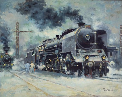 Jaroslav Ronek, 1892-1962, Dampflokomotive bei der Ausfahrt aus dem verschneiten Bahnhof, Öl/Lwd, rechts unten signiert und dat. 41, ca. 80x100cm, ...