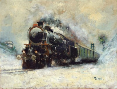 Jaroslav Ronek, 1892-1962, Dampflokomotive in verschneiter Landschaft, Öl/Malkarton, rechts unten signiert, ca. 48x64cm, R. ca. 56x72cm, dieser ...