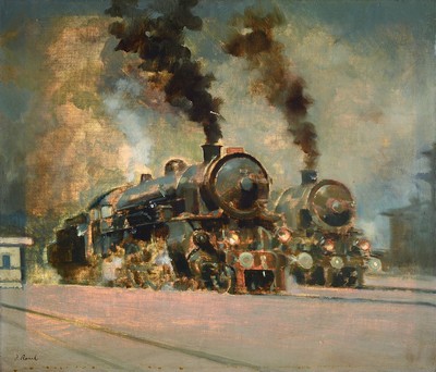 Jaroslav Ronek, 1892-1962, zwei Dampflokomotiven am Haltepunkt, Öl/Lwd, links unten signiert, ca. 60x70cm, R. ca. 72x82cm