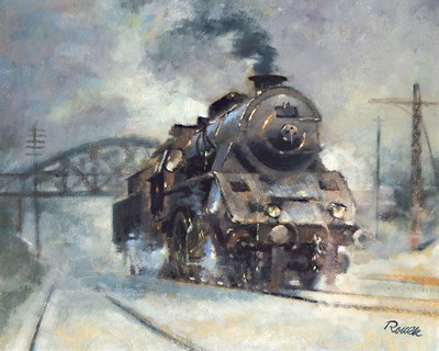 Jaroslav Ronek, 1892-1962, Dampflokomotive im Schnee, Öl/Malkarton, rechts unten signiert, ca. 50x60cm, R. ca. 56x68cm