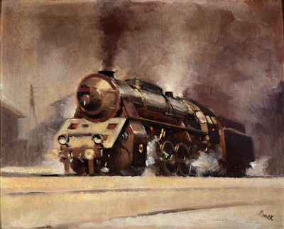 Jaroslav Ronek, 1892-1962, Lokomotive im Schnee, Öl/Malkarton, gewölbt, rechts unten signiert, ca. 38x46cm, R. ca. 49x57cm