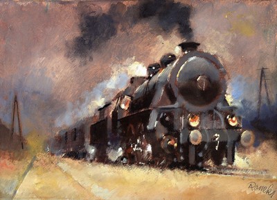 Jaroslav Ronek, 1892-1962, Dampflokomotive, Öl/Malkarton, rechts unten signiert, ca. 24x34cm, u.Gl., R. ca. 36x46cm
