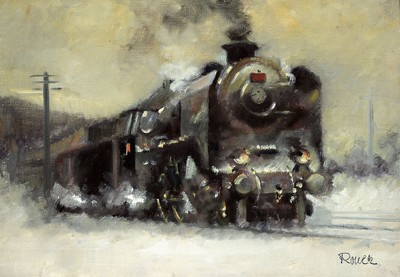 Jaroslav Ronek, 1892-1962, Dampflokomotive im Schnee, Öl/Malkarton, rechts unten sign., ca. 30x45cm, u.Gl., R. ca. 47x61cm
