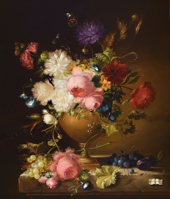 Hildegard Schwammberger, geb. 1950 Essen, prachtvolles Blumenstillleben mit vielfarbigen Pfingstrosen u. Trauben, in niederländischer Tradition, ...