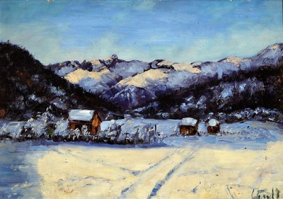 Wendt, um 1925-30, Gebirgslandschaft im Winter,im Vordergrund verschneite Hütten, Öl/Lwd, rechts signiert, nach dem Vorbild von Karl Hauptmann, ca. ...