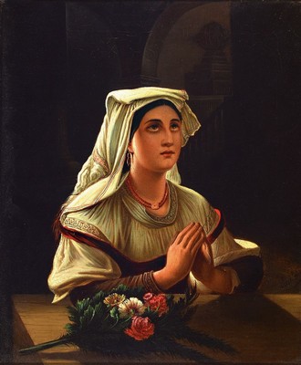Sauter, Maler um 1850-1860, Porträt einer betenden jungen Frau mit Haube und Blumen in einer Kirche, Öl/Lwd, rechts unten signiert, ca. 38x32cm, R. ...