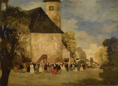 Hans Ruzicka-Lautenschläger, 1862 Aussig-1933 Wien, Kirchgang, vielfigurige Szene vor einer Kirche, Öl/Lwd, rechts unten signiert, ca. 73x98cm, R. ...