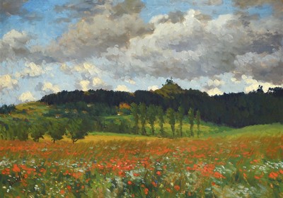 Stanislav Feikl, 1883 Dolni Systova-1933 Prag, Blick auf einen Hügel mit Kreuz, im Vordergrund Feld mit blühendem Mohn, Öl/ Malkarton, links unten ...