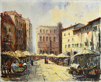 Unbekannter Künstler, datiert 1961, Südliche Stadtszene mit Marktplatz, Öl/Lwd, links unten unleserlich signiert B.Winter... und dat., ca. 65x80cm