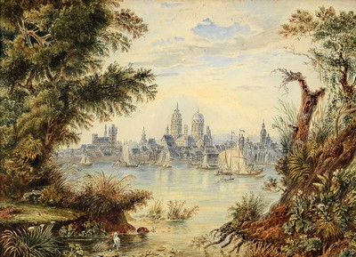 Unleserlich signiert, Anfang 19. Jh., Ansicht von Mainz, Aquarell/Papier, rechts unten signiert A.G...?, 29 x 40 cm